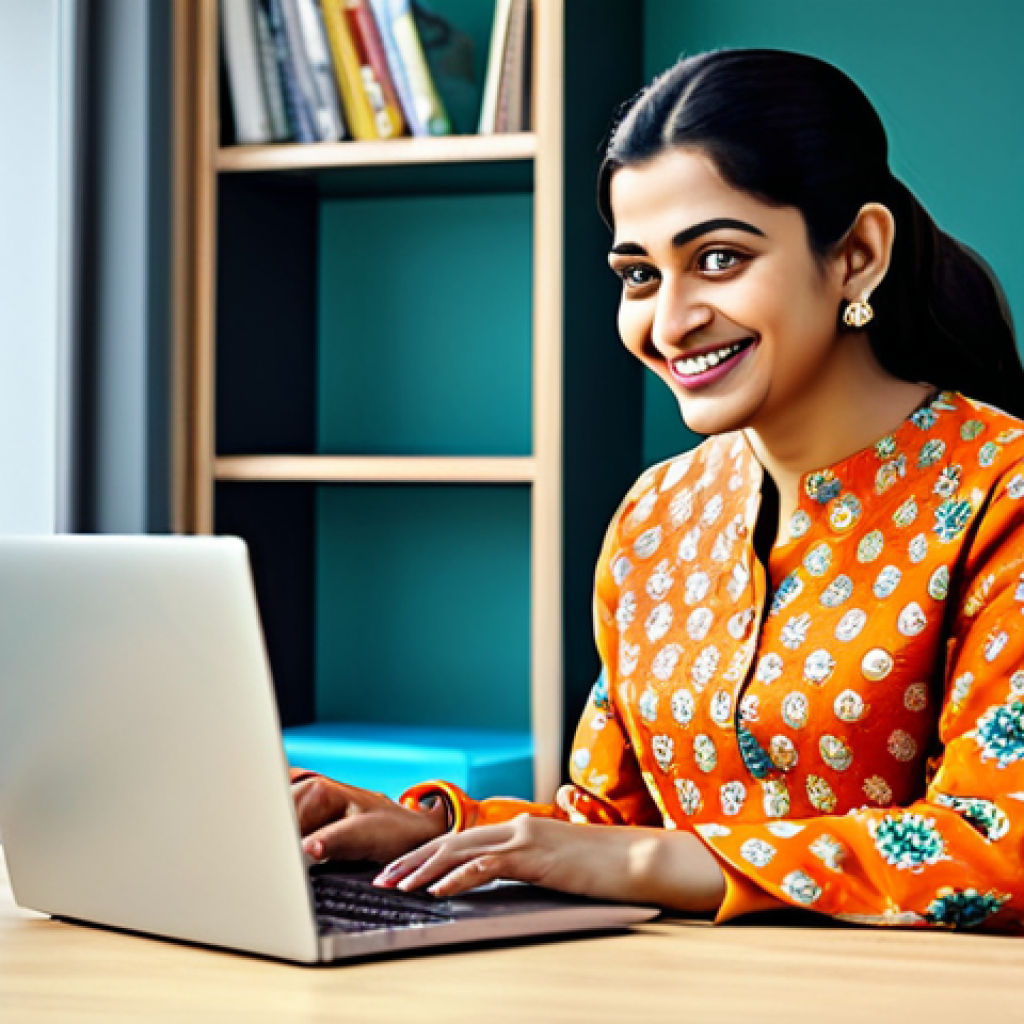 Online Tutorial**
A professional woman in a modest, brightly colored salwar kameez, teaching an online class on a laptop. She is smiling and gesturing enthusiastically. The background is a clean, modern home office with bookshelves and plants. Fully clothed, appropriate attire, safe for work, perfect anatomy, natural proportions, professional digital art, high quality, family-friendly.
**