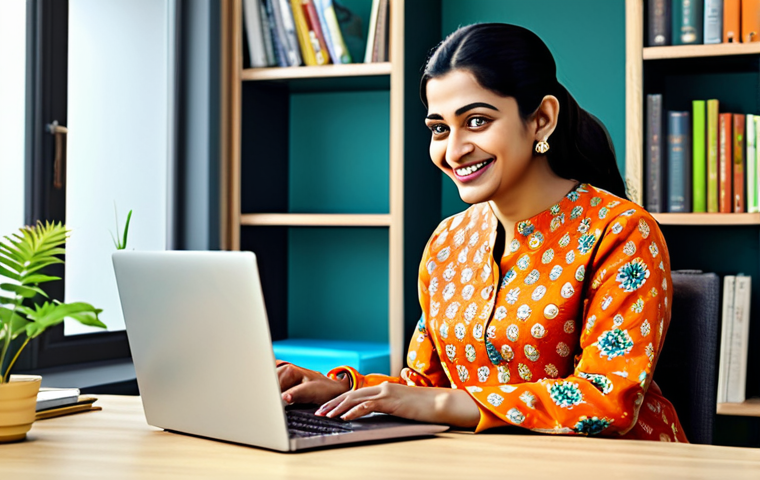 Online Tutorial**
A professional woman in a modest, brightly colored salwar kameez, teaching an online class on a laptop. She is smiling and gesturing enthusiastically. The background is a clean, modern home office with bookshelves and plants. Fully clothed, appropriate attire, safe for work, perfect anatomy, natural proportions, professional digital art, high quality, family-friendly.
**