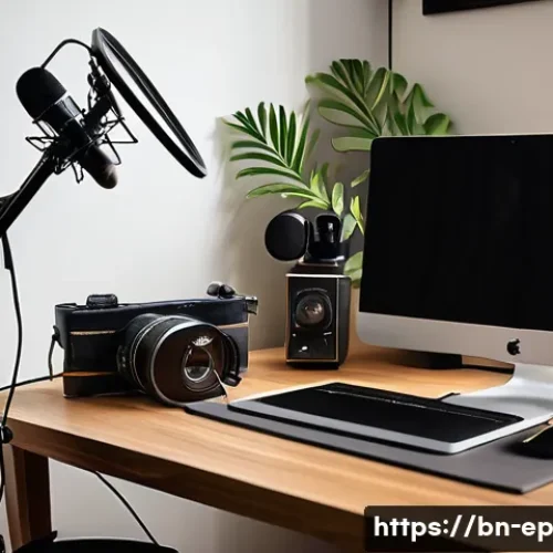 Home 33 홈스튜디오 구축으로 수익형 취미 시작하기 - A cozy home studio setup featuring essential equipment for content creation: a high-quality micropho...
