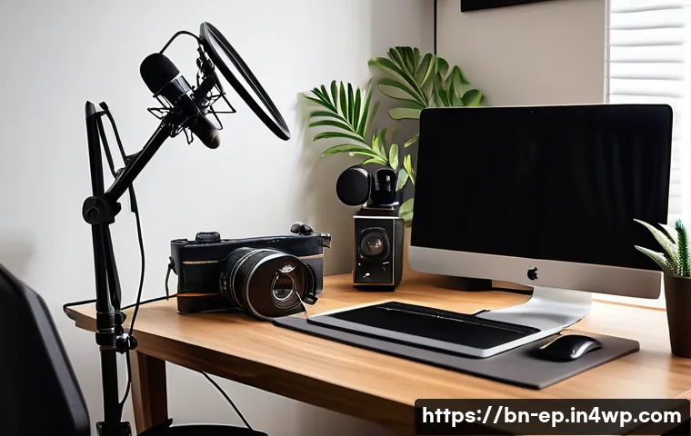 홈스튜디오 구축으로 수익형 취미 시작하기 - A cozy home studio setup featuring essential equipment for content creation: a high-quality micropho...