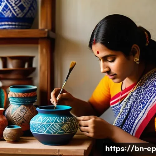 Home 32 수익형 취미로 만드는 부가 수입 - A young Bengali artisan woman in traditional attire carefully painting intricate patterns on handmad...
