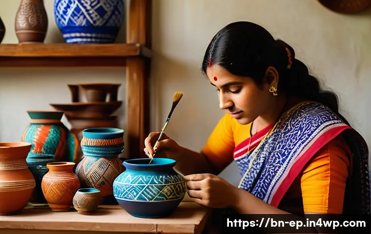 수익형 취미로 만드는 부가 수입 - A young Bengali artisan woman in traditional attire carefully painting intricate patterns on handmad...