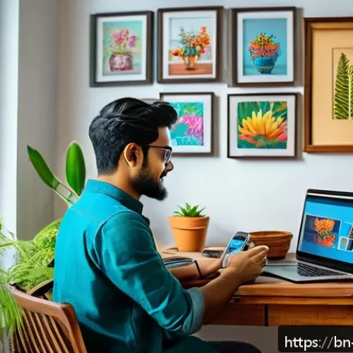 Home 31 수익형 취미를 위한 필수 도구들 - A young Bangladeshi creative professional using a high-end smartphone with a clear camera lens, capt...