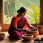 Home 18 소규모 비즈니스를 위한 수익형 취미 - A detailed scene of a Bengali artisan woman creating handcrafted pottery at home, surrounded by trad...