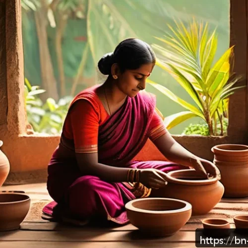 Home 30 소규모 비즈니스를 위한 수익형 취미 - A detailed scene of a Bengali artisan woman creating handcrafted pottery at home, surrounded by trad...