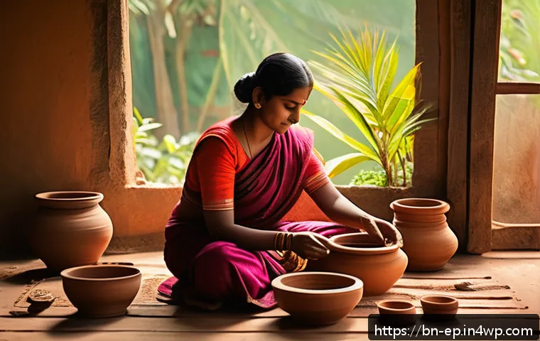 소규모 비즈니스를 위한 수익형 취미 - A detailed scene of a Bengali artisan woman creating handcrafted pottery at home, surrounded by trad...