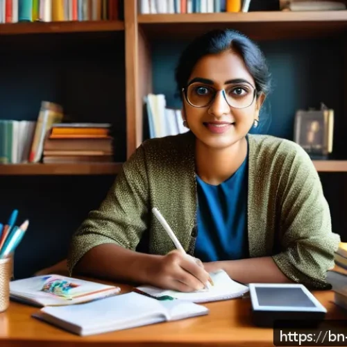 Home 17 블로그 운영으로 수익형 취미 만들기 - A confident Bengali blogger sitting at a cozy desk with a laptop and a camera, surrounded by books a...